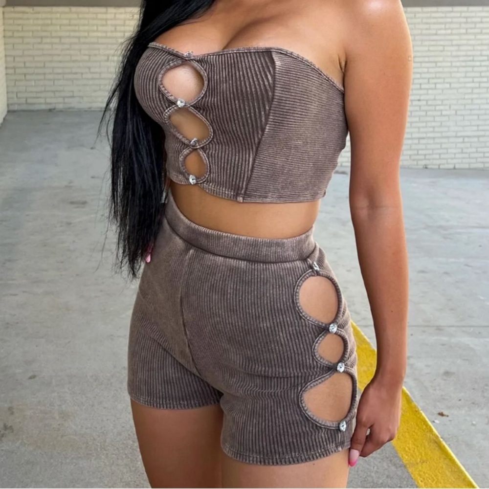Biker Short Set Beaded Gems Vintage Distressed Brown Gray Small Two Piece Crop